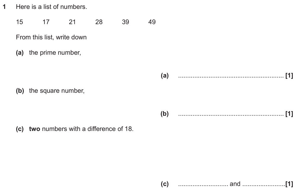Here is a list of numbers: 15 17 21 28 39 49. From this list, write down (a) the prime number, (b) the square number, (c) two numbers with a difference of 18.