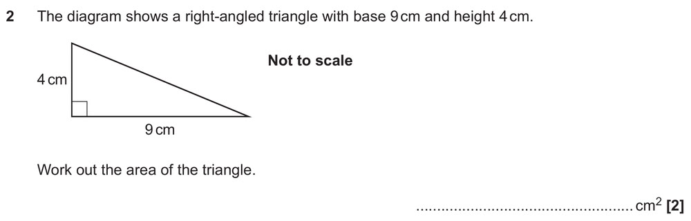 The diagram shows a right-angled triangle with base 9 cm and height 4 cm. Work out the area of the triangle.