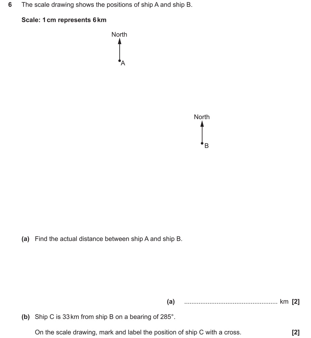 (a) Actual distance A to B? (b) Mark C: 33 km from B, bearing 285°.